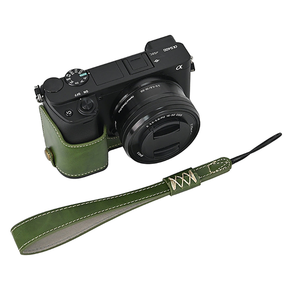 Camera Cover for Sony A6400 / A6300 / A6100 / A6000 Battery Opening Design PU Leather Half Body Bottom Case with Wrist Strap Camera Cover for Sony A6400 / A6300 / A6100 / A6000 Battery Opening Design PU Leather Half Body Bottom Case with Wrist Strap